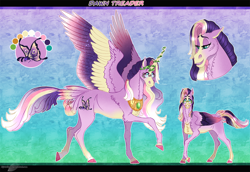 Size: 1326x911 | Tagged: safe, artist:bijutsuyoukai, oc, oc only, oc:dawn treader, alicorn, pegasus, pony, colored wings, female, magical lesbian spawn, mare, multicolored wings, offspring, parent:fluttershy, parent:twilight sparkle, parents:twishy, reference sheet, solo, tail feathers, wings