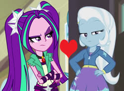 Size: 978x720 | Tagged: safe, edit, edited screencap, screencap, aria blaze, trixie, equestria girls, g4, my little pony equestria girls: better together, my little pony equestria girls: rainbow rocks, rarity investigates: the case of the bedazzled boot, rarity investigates: the case of the bedazzled boot: trixie, arixie, female, heart, lesbian, shipping, shipping domino