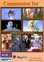 Size: 2480x3508 | Tagged: safe, artist:spinostud, applejack, cloudchaser, fluttershy, princess luna, rainbow dash, sci-twi, twilight sparkle, oc, oc:littlepip, oc:tomyum, alicorn, bat pony, earth pony, pegasus, pony, unicorn, anthro, fallout equestria, g4, 3d, advertisement, anthro with ponies, bat ponified, clothes, commission, commission info, equestria girls ponified, female, filly, flutterbat, glasses, high res, mare, ponies riding ponies, ponified, race swap, riding, sci-twilicorn, source filmmaker, woona, younger
