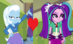 Size: 1331x800 | Tagged: safe, edit, edited screencap, screencap, aria blaze, trixie, equestria girls, g4, my little pony equestria girls: choose your own ending, my little pony equestria girls: rainbow rocks, sock it to me, arixie, female, lesbian, shipping, shipping domino