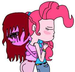 Size: 767x740 | Tagged: safe, artist:logan jones, pinkie pie, oc, oc:lizzie punch, equestria girls, g4, alternate hairstyle, blushing, canon x oc, comforting, crying, female, glasses, lesbian, lizziepie, makeup, mascara, running makeup, simple background, white background