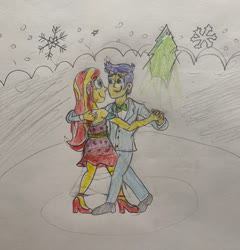Size: 400x417 | Tagged: safe, artist:13mcjunkinm, flash sentry, sunset shimmer, equestria girls, g4, christmas, dancing, female, holiday, male, ship:flashimmer, shipping, snow, snowfall, straight, traditional art