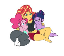 Size: 1237x1088 | Tagged: safe, artist:ponyretirementhome, pinkie pie, sci-twi, sunset shimmer, twilight sparkle, equestria girls, g4, cuddling, female, lesbian, polyamory, scisetpie, scitwishimmerpie, ship:sci-twishimmer, ship:sunsetpie, ship:sunsetsparkle, ship:twinkie, shipping, simple background, sitting, white background