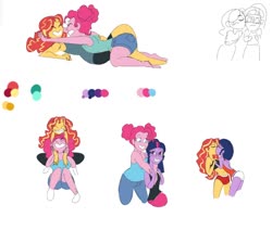 Size: 1280x1148 | Tagged: safe, artist:ponyretirementhome, pinkie pie, sci-twi, sunset shimmer, twilight sparkle, equestria girls, g4, cuddling, female, lesbian, polyamory, scisetpie, scitwishimmerpie, ship:sci-twishimmer, ship:sunsetpie, ship:sunsetsparkle, ship:twinkie, shipping, simple background, sitting, white background