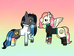 Size: 2048x1536 | Tagged: safe, artist:lightningbolt39, oc, oc only, oc:cheery candy, oc:tough cookie (ice1517), pegasus, pony, unicorn, bracelet, cheerycookie, clothes, clothes swap, ear piercing, earring, female, gradient background, hoodie, jewelry, lesbian, looking at each other, makeup, mare, multicolored hair, oc x oc, piercing, rainbow hair, rainbow socks, raised hoof, shipping, socks, striped socks, wristband