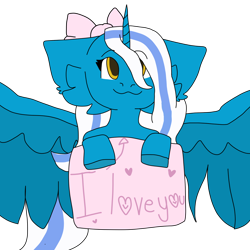 Size: 1280x1280 | Tagged: safe, artist:tobyisawkward, oc, oc:fleurbelle, alicorn, pony, :3, adorabelle, alicorn oc, bow, cute, hair bow, horn, looking at you, ocbetes, sign, smiling, yellow eyes