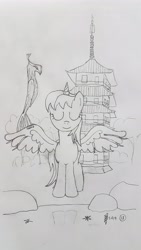 Size: 2268x4032 | Tagged: safe, artist:parclytaxel, philomena, oc, oc:parcly taxel, alicorn, phoenix, pony, ain't never had friends like us, albumin flask, parcly taxel in japan, g4, alicorn oc, eyes closed, female, horn, japan, kyoto, lineart, mare, monochrome, pagoda, pencil drawing, phoenix feather, pond, reflection, spread wings, story included, toji, traditional art, water, wings