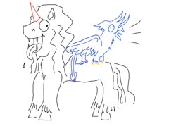 Size: 1024x732 | Tagged: safe, artist:horsesplease, gallus, king sombra, pony, unicorn, g4, crowing, derp, friesian horse, gallus the rooster, lineart, male, panting, sombra dog, stallion, tongue out
