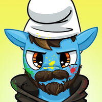 Size: 200x200 | Tagged: safe, oc, oc only, oc:tjrcx, pony, blue skin, facial hair, hat, looking at you, paint, picture for breezies, simple background, smurf hat, solo, yellow background