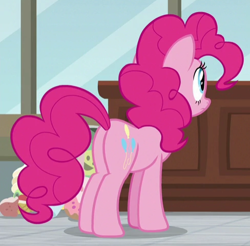 Size: 488x480 | Tagged: safe, screencap, pinkie pie, earth pony, pony, g4, the last laugh, balloonbutt, butt, cropped, female, mare, plot, solo