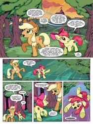 Size: 768x1024 | Tagged: safe, artist:caseycoller, idw, official comic, apple bloom, applejack, earth pony, pony, g4, spoiler:comic, spoiler:comic85, apple, apple orchard, apple sisters, apple tree, comic, duo, female, filly, foal, mare, orchard, preview, siblings, sisters, speech bubble, spider web, tree