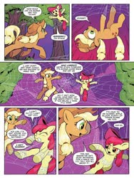 Size: 768x1024 | Tagged: safe, artist:caseycoller, idw, official comic, apple bloom, applejack, earth pony, pony, g4, spoiler:comic, spoiler:comic85, apple sisters, comic, duo, female, filly, foal, mare, preview, siblings, sisters, speech bubble, spider web, tree