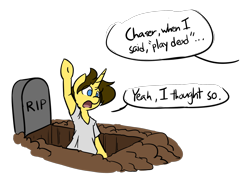 Size: 1280x914 | Tagged: safe, artist:spheedc, oc, oc only, oc:dream chaser, pony, clothes, digital art, grave, gravestone, playing dead, shirt, simple background, solo, speech bubble, transparent background