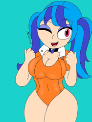 Size: 768x1024 | Tagged: safe, artist:c_w, edit, editor:undeadponysoldier, sonata dusk, human, equestria girls, g4, alternate hairstyle, breasts, cleavage, clothes, cosplay, costume, cute, female, human coloration, jewelry, one eye closed, open mouth, pigtails, recolor, solo, sonatabetes, thighs, wink