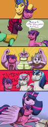 Size: 1400x3733 | Tagged: safe, artist:azurllinate, fizzlepop berrytwist, flash sentry, princess flurry heart, shining armor, spike, tempest shadow, twilight sparkle, oc, oc:dazzle shield, oc:spiral twinkle, alicorn, dracony, dragon, hybrid, pegasus, pony, unicorn, g4, the last problem, adult, adult spike, alicorn oc, armpits, arms out, aunt fizzie, black eye, book, broken horn, bruised, clothes, comic strip, eyes closed, family, female, flexing, futurehooves, gigachad spike, head rub, hoof touching, horn, interspecies, interspecies offspring, making faces, male, mama twilight, multicolored mane, muscular male, next gen:futurehooves, next generation, offspring, older, older spike, older twilight, older twilight sparkle (alicorn), parent:flash sentry, parent:rarity, parent:spike, parent:twilight sparkle, parents:flashlight, parents:sparity, princess twilight 2.0, reading, ship:flashlight, shipping, showing teeth, smiling, speech, speech bubble, straight, text, twilight sparkle (alicorn), when we were very young, wing blanket