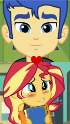 Size: 1224x2152 | Tagged: safe, edit, edited screencap, screencap, flash sentry, sunset shimmer, equestria girls, equestria girls specials, g4, my little pony equestria girls: better together, my little pony equestria girls: forgotten friendship, my little pony equestria girls: friendship games, blushing, female, male, ship:flashimmer, shipping, shipping domino, straight