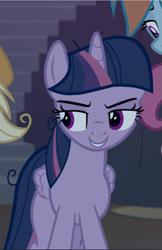 Size: 609x940 | Tagged: safe, screencap, mean twilight sparkle, g4, the mean 6, cropped, female, lidded eyes, offscreen character, smiling, smirk, solo focus
