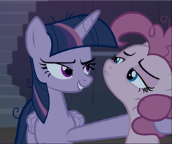 Size: 1117x940 | Tagged: safe, screencap, mean pinkie pie, mean twilight sparkle, twilight sparkle, alicorn, pony, g4, the mean 6, clone, cropped, duo, female, hoof around neck, lidded eyes, looking at each other, narrowed eyes, smiling, twilight sparkle (alicorn)