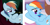 Size: 467x233 | Tagged: safe, edit, edited screencap, screencap, mean rainbow dash, rainbow dash, pegasus, pony, derpibooru, g4, the mean 6, blushing, clone, comparison, cropped, female, forest background, lesbian, mare, meta, on back, spa, straw in mouth, tree, tree branch