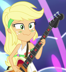 Size: 851x922 | Tagged: safe, screencap, applejack, equestria girls, equestria girls specials, g4, my little pony equestria girls: better together, my little pony equestria girls: spring breakdown, all good (song), bass guitar, cropped, cute, female, green face, jackabetes, musical instrument, seasickness, smiling, solo, wavy mouth