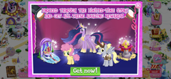 Size: 2436x1125 | Tagged: safe, gameloft, derpy hooves, fluttershy, li'l cheese, twilight sparkle, alicorn, earth pony, pegasus, pony, g4, official, the last problem, advertisement, game screencap, gameloft shenanigans, limited-time story, older, older derpy hooves, older fluttershy, older twilight, older twilight sparkle (alicorn), princess twilight 2.0, twilight sparkle (alicorn)