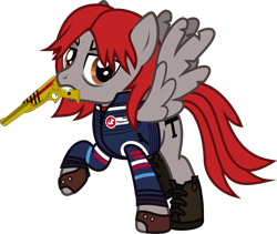 Size: 1065x900 | Tagged: safe, artist:lightningbolt, derpibooru exclusive, pegasus, pony, g4, .svg available, bags under eyes, boots, clothes, danger days: the true lives of the fabulous killjoys, dyed mane, dyed tail, fangs, fingerless gloves, gerard way, gloves, jacket, male, mouth hold, my chemical romance, ponified, raised hoof, raised leg, ray gun, shirt, shoes, show accurate, simple background, solo, spread wings, stallion, svg, tattered, tattered wings, transparent background, undershirt, vector, wings, zipper