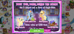 Size: 2436x1125 | Tagged: safe, gameloft, applejack, fluttershy, rainbow dash, twilight sparkle, alicorn, earth pony, pegasus, pony, g4, official, the last problem, advertisement, costs real money, crack is cheaper, crown, game screencap, jewelry, magic coins, older, older applejack, older fluttershy, older rainbow dash, present, regalia, twilight sparkle (alicorn)