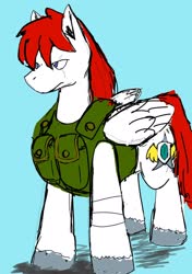 Size: 1440x2048 | Tagged: safe, artist:omegapony16, oc, oc only, pegasus, pony, bandage, clothes, eye scar, frown, male, pegasus oc, scar, simple background, soldier, stallion, unshorn fetlocks, vest, wings