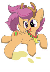 Size: 1286x1832 | Tagged: safe, artist:yasumitsu, artist:yasumitsu_shiba, scootaloo, deer, pegasus, pony, reindeer, g4, animal costume, antlers, bell, bell collar, christmas, collar, costume, cute, cutealoo, female, filly, holiday, open mouth, pixiv, reindeer antlers, reindeer costume, simple background, solo, white background