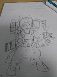 Size: 1080x1440 | Tagged: safe, artist:omegapony16, oc, oc only, oc:oriponi, changeling, armor, bipedal, changeling oc, clothes, curved horn, gun, helmet, horn, irl, lineart, lined paper, missile, pencil, photo, soldier, solo, traditional art, vest, weapon