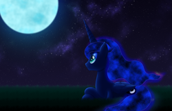Size: 3151x2037 | Tagged: safe, artist:lifesharbinger, princess luna, alicorn, pony, g4, crossed hooves, ethereal mane, female, full moon, high res, lidded eyes, mare, missing accessory, moon, night, prone, sky, solo, starry night, stars