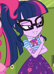 Size: 752x1035 | Tagged: safe, screencap, pinkie pie, sci-twi, twilight sparkle, equestria girls, equestria girls specials, g4, my little pony equestria girls: better together, my little pony equestria girls: holidays unwrapped, o come all ye squashful, bowtie, canterlot high, clothes, collar, cropped, cute, female, geode of telekinesis, glasses, high school, jewelry, lidded eyes, lockers, magical geodes, pockets, ponytail, raised eyebrow, shirt, short sleeves, skirt, smiling