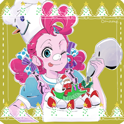 Size: 600x600 | Tagged: safe, artist:5mmumm5, part of a set, gummy, pinkie pie, alligator, equestria girls, :p, anime, bow, cake, christmas, christmas tree, cute, diapinkes, female, food, frosting, hair bow, holiday, icing bag, looking at you, one eye closed, pigtails, santa claus, solo, tongue out, tree, wink