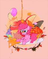Size: 2048x2520 | Tagged: dead source, safe, artist:poneko-chan, pinkie pie, earth pony, pony, g4, :p, abstract background, apple, balloon, cupcake, cute, diapinkes, female, flower, food, heart, high res, honey, leaf, mare, pie, pixiv, ponies in food, prone, solo, tongue out