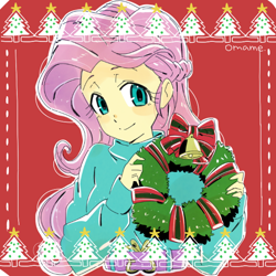 Size: 600x600 | Tagged: safe, artist:5mmumm5, part of a set, fluttershy, equestria girls, g4, anime, bell, bust, christmas, christmas tree, clothes, cute, female, holiday, looking at you, shyabetes, solo, sweater, sweatershy, tree, wreath