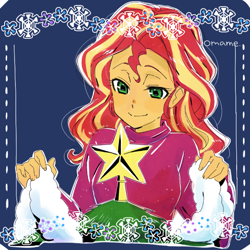 Size: 600x600 | Tagged: safe, artist:5mmumm5, part of a set, sunset shimmer, equestria girls, anime, christmas, christmas tree, cute, decorating, decoration, female, holiday, lidded eyes, looking at you, shimmerbetes, snow, snowflake, solo, stars, tree