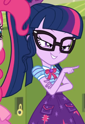 Size: 745x1080 | Tagged: safe, screencap, pinkie pie, sci-twi, twilight sparkle, equestria girls, equestria girls series, g4, holidays unwrapped, o come all ye squashful, spoiler:eqg series (season 2), bowtie, canterlot high, clothes, collar, cropped, cute, female, geode of telekinesis, glasses, high school, jewelry, lidded eyes, lockers, magical geodes, pockets, pointing, ponytail, shirt, short sleeves, skirt, smiling