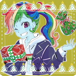 Size: 600x600 | Tagged: safe, artist:5mmumm5, part of a set, rainbow dash, equestria girls, alternate hairstyle, anime, bust, christmas, christmas tree, clothes, cute, dashabetes, ear piercing, earring, female, holiday, hoodie, jewelry, looking at you, one eye closed, piercing, ponytail, present, smiling, solo, tree, wink