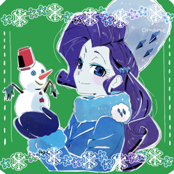 Size: 600x600 | Tagged: safe, artist:5mmumm5, part of a set, rarity, equestria girls, g4, anime, bust, clothes, coat, cute, female, hat, looking at you, mittens, raribetes, russian hat, snow, snowflake, snowman, solo, ushanka, winter outfit