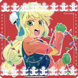 Size: 600x600 | Tagged: safe, artist:5mmumm5, part of a set, applejack, equestria girls, anime, bust, christmas, christmas lights, cute, female, gingerbread man, hat, holiday, jackabetes, looking at you, mittens, open mouth, solo