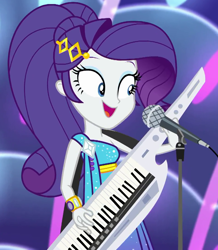 Size: 942x1080 | Tagged: safe, rarity, equestria girls, equestria girls specials, g4, my little pony equestria girls: better together, my little pony equestria girls: spring breakdown, all good (song), cropped, cute, female, keytar, microphone, microphone stand, musical instrument, open mouth, raribetes, singing, smiling, solo