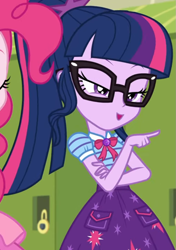 Size: 761x1080 | Tagged: safe, screencap, pinkie pie, sci-twi, twilight sparkle, equestria girls, equestria girls series, g4, holidays unwrapped, o come all ye squashful, spoiler:eqg series (season 2), bowtie, canterlot high, clothes, collar, cropped, cute, female, geode of telekinesis, glasses, high school, jewelry, lockers, magical geodes, pockets, pointing, ponytail, raised eyebrows, shirt, short sleeves, skirt, smiling