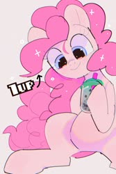 Size: 1821x2732 | Tagged: dead source, safe, artist:poneko-chan, pinkie pie, earth pony, pony, g4, 1up, bubble tea, cute, diapinkes, female, hoof hold, mare, pixiv, sitting, smiling, solo, straw