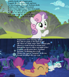 Size: 1280x1440 | Tagged: safe, edit, edited screencap, editor:korora, screencap, scootaloo, sweetie belle, terramar, pegasus, pony, seapony (g4), g4, surf and/or turf, acrostic, blue eyes, blue mane, blue tail, bubble, coral, cropped, cute, cutealoo, diasweetes, dorsal fin, fin, fin wings, fins, fish tail, floppy ears, flowing mane, flowing tail, happy, harmonizing heights, jewelry, male, misspelling, necklace, ocean, open mouth, open smile, poem, seaponified, seapony scootaloo, seaquestria, seaweed, shoo be doo, smiling, species swap, swimming, tail, terrabetes, underwater, water, wings