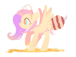Size: 1201x901 | Tagged: dead source, safe, artist:poneko-chan, fluttershy, bee, insect, pegasus, pony, g4, animal costume, bee costume, clothes, colored pupils, costume, cute, female, flutterbee, food, honey, mare, pixiv, profile, shyabetes, simple background, solo, spread wings, white background, wings