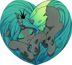 Size: 724x651 | Tagged: safe, alternate version, artist:yukandasama, queen chrysalis, changeling, changeling queen, g4, crown, cute, cutealis, eyes closed, female, heart, heart pony, jewelry, quadrupedal, regalia, simple background, sleeping, solo, white background