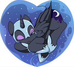 Size: 774x699 | Tagged: safe, alternate version, artist:yukandasama, nightmare moon, alicorn, pony, g4, cute, deviantart watermark, female, heart, heart pony, hoof shoes, mare, moonabetes, nicemare moon, one eye closed, open mouth, simple background, sleeping, solo, white background