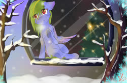 Size: 1580x1030 | Tagged: safe, artist:yuris, oc, oc only, pegasus, pony, chest fluff, christmas, holiday, snow, snowfall, solo, tree, window, winter