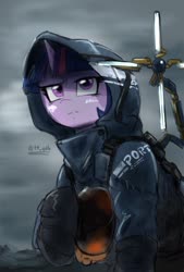 Size: 1377x2039 | Tagged: safe, artist:oberon826, twilight sparkle, pony, g4, armor, clothes, cosplay, costume, crossover, death stranding, female, hood, mare, solo