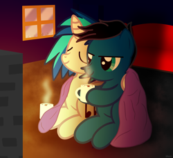 Size: 3600x3300 | Tagged: safe, artist:agkandphotomaker2000, dj pon-3, vinyl scratch, oc, oc:pony video maker, pony, g4, blanket, canon x oc, chimney, chocolate, couch, fire light, food, high res, hot chocolate, snuggling, town view, videoscratch, warm